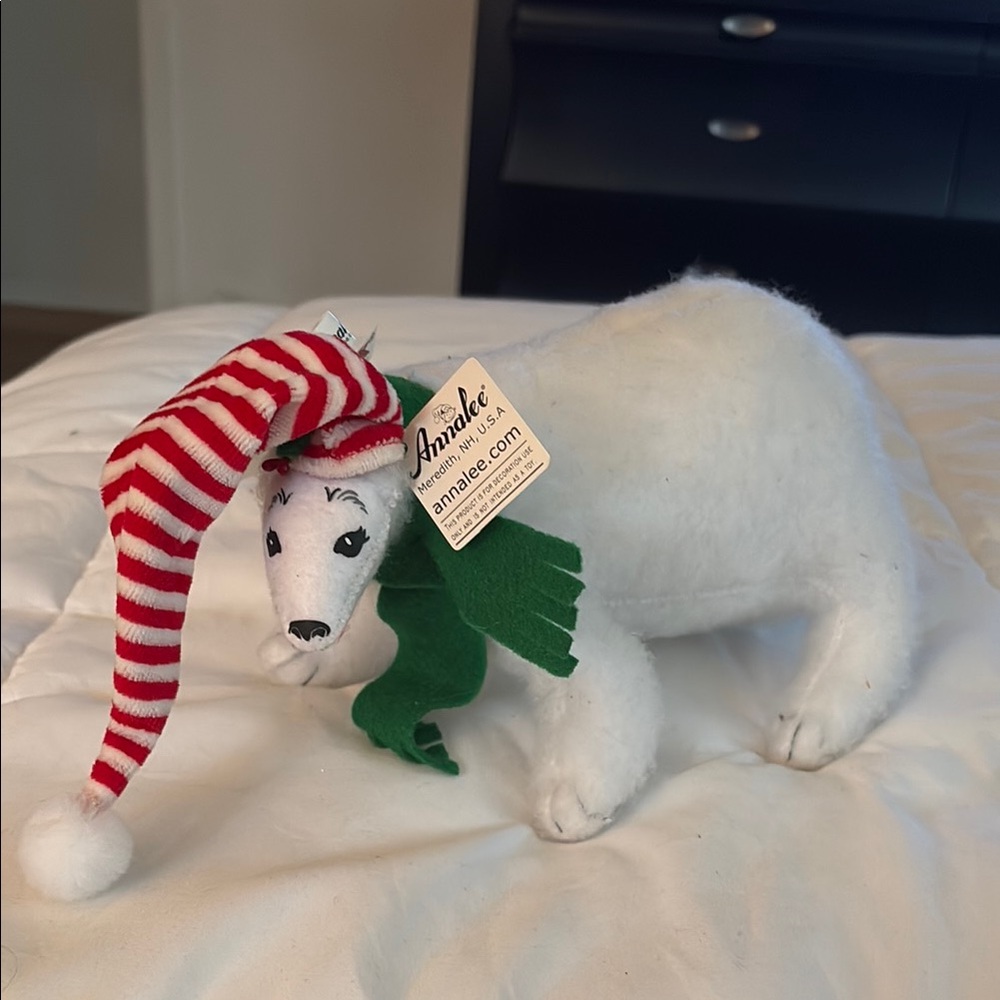 NWT Annalee White Plush Polar Bear with Striped Hat and Green Scarf